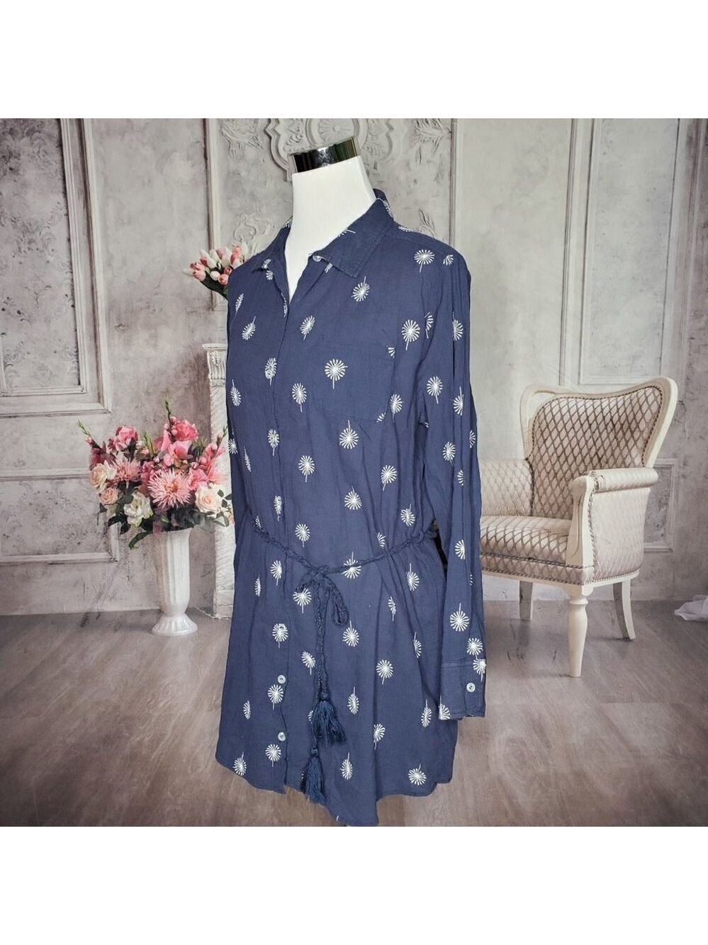 Umgee Dandelions Blue White Collared Button Down Belted Shirt Dress Size Small - Picture 3 of 8